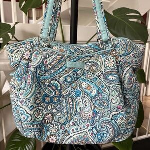 Vera Bradley Carson Aqua Blue Brown Paisley Floral Cotton Quilted Shoulder Bag
